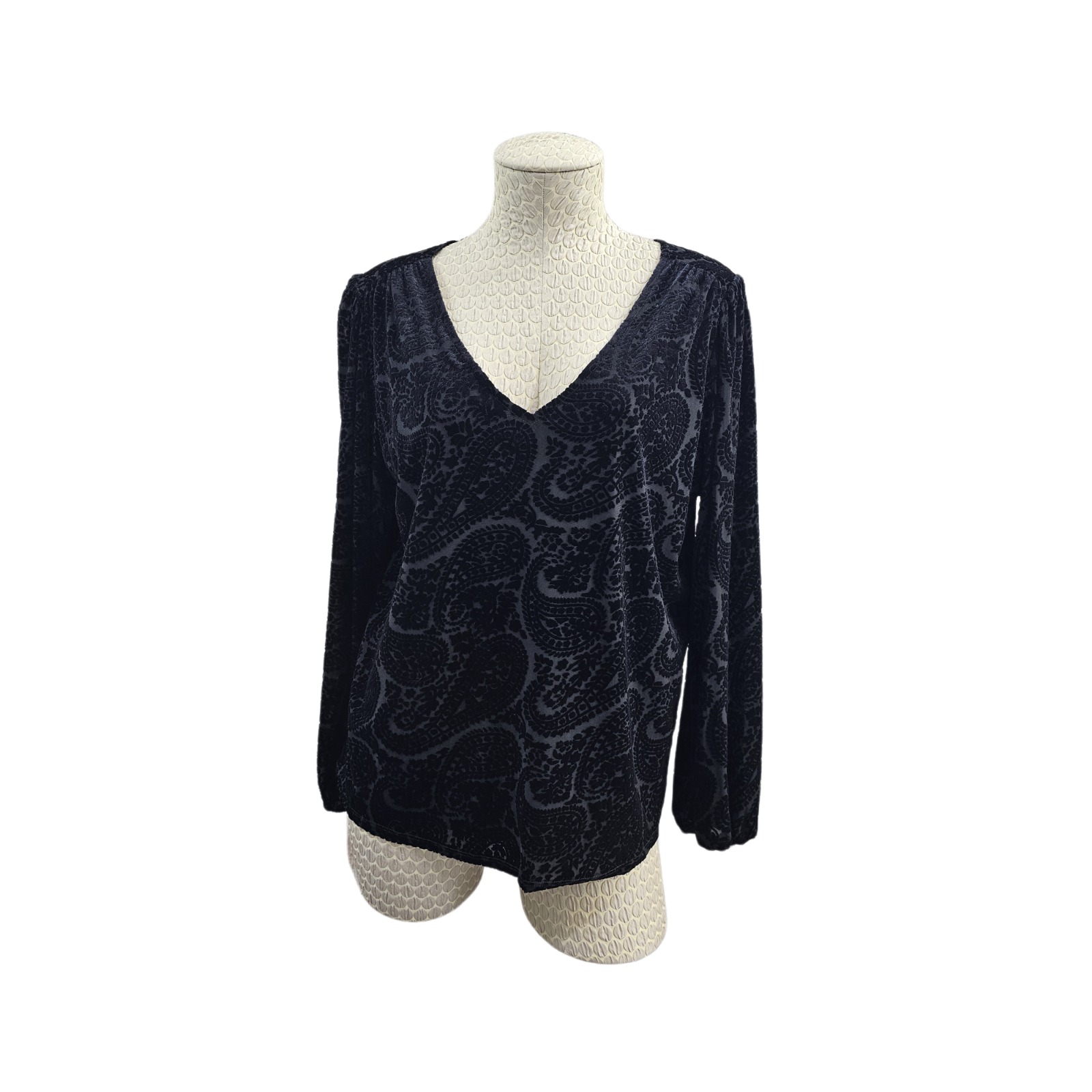 Loft Ann Taylor Women's L Puff Sleeve V-Neck Velvet Blouse Shirt Top Black Euc